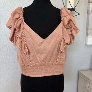 Express-Dark Peach Flutter Sleeve Cutout Tieback Boho Linen Crop Top size L, NWT